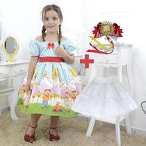 Kit Vestido tema festa junina xadrez + saia de filó + laço cabelo