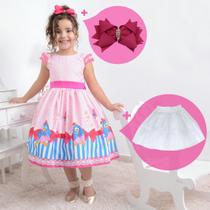 Kit Vestido tema galinha pintadinha rosa + saia de filó + laço