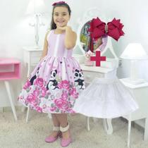 Kit Vestido tema Panda Rosa + saia de filó + laço para cabelo