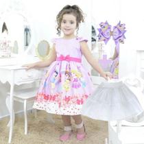 Kit Vestido tema princesas baby + saia de filó + Laço