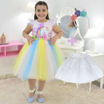 Kit Vestido Unicórnio Colorido Com Tule + Tiara + saia filó - Moderna Meninas