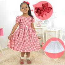 Kit Vestido Vermelho Fosco Poá Bolinhas Brancas + Laço + Saia filó