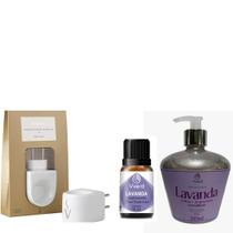 Kit Via Aroma Aromatizador Elétrico, Sabonete Líquido Lavanda Vverd e Óleo Essencial Lavanda
