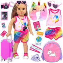 Kit Viagem 23 Peças p/Boneca American Girl - Unicórnios: Inclui Roupas, Mala, Mochila, Acessórios