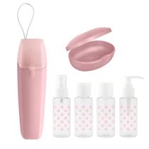 Kit Viagem Higiene Estojo Porta Escovas Maquiagem 4 Frascos