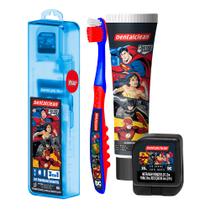 Kit Viagem Infantil Porta Escova Dental com Pasta e Fio Liga da Justiça Heróis DC Estojo Dentalclean