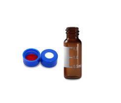 Kit Vial Ambar 2mL Tarja 0,5mL a 1,5mL com Tampa Rosca 9 mm e Septo em PTFE/Silicone (100 unidades)