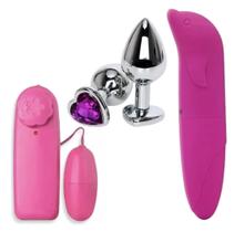 Kit Vibrador Bullet Estimulador Plug Anal de Aço Inox e Vibrador Golfinho Aveludado Ponto G