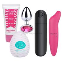 Kit Vibrador Bullet RECARREGÁVEL 10 Velocidades + Ponto G Personal Golfinho Pênis + Plug Anal P Iniciantes + Lubrificant