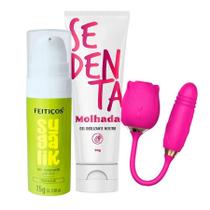 Kit Vibrador Estimulador em Formato de Rosa, Gel Lubrificante Neutro e Gel Aromático Beijável