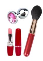 Kit Vibrador Feminino Formato Pincel + Estimulador Clitóris Batom + Plug Anal em Aço Sex Shop