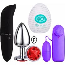 Kit Vibrador Feminino Golfinho + Plug Anal Em Aço Iniciante P + Bullet Cápsula + Egg Masturbador - Sexy Import