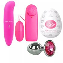 Kit Vibrador Feminino Ponto G + Bullet Cápsula Clitoriano + Egg Masturbador + Plug Anal p