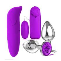 Kit Vibrador Feminino Ponto G + Bullet Massageador Clitóris + Plug Anal em Aço com Joia Kit Vibrador Feminino Ponto G + Bullet Massageador Clitóris + Plug Anal em Aço com Joia