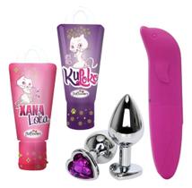 Kit Vibrador Golfinho Aveludado Plug Anal de Aço Inoxidável com Cristal 2 Géis Excitantes Feminino