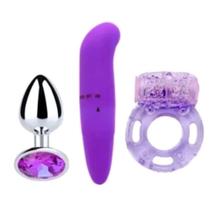 Kit Vibrador Golfinho Ponto G Estimulador Clitóris + Plug Anal em Aço P + Anel Peniano com Vibro