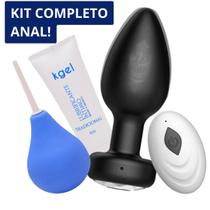 KIT Vibrador Plug Anal RECARREGÁVEL + Ducha Higienica Anal + Lubrificante - Plug Controle Remoto USB Estimulador Alargad