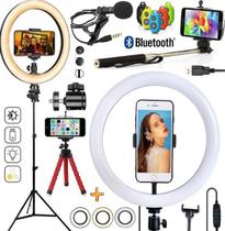Kit Vídeo Aula Chamada Microfone Lapela Tripé Celular Universal Iluminador Ring Light Pau de Selfie Acessórios Filmagem
