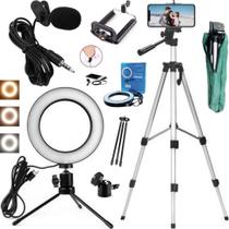 Kit Vídeo Aula Chamada Tripé 1,20m Microfone Lapela Iluminador Led Gravação Vídeos Celular - CJR