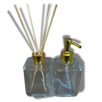 Kit Vidro Lavabo Quadrado Difusor E Sabonete Luxo - Ouro Kit Vidro Lavabo Quadrado Difusor E Sabonete Luxo - Ouro