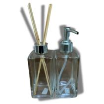 Kit Vidro Lavabo Retangular Difusor E Sabonete Luxo - Prata