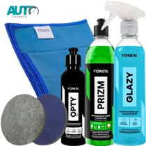 Kit Vidro Riscado Prizm, Glazy e Opty Vonixx Limpeza, Proteção, Restauração e Polimento de Vidros