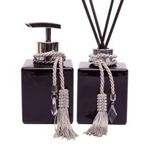 Kit Vidros Cubo Preto Brilhante 250ml Banheiro Difusor Saboneteira Luxo