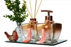 Kit Vidros Degrade Rose Cobre P/ Aromatizador De Ambiente C/ Bandeja Decoração Passarinho Porcelana