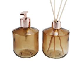 Kit Vidros Lababo Rubi Âmbar 300ml Saboneteira Luxo Difusor De Varetas