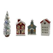 Kit Vila Natalina Mini Árvore Com Led+3 Casinhas De Cerâmica