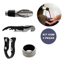 Kit Vinho 04 Peças Bico Dosador Corta Lacres Abridor De Vinho Anel Para Garrafa