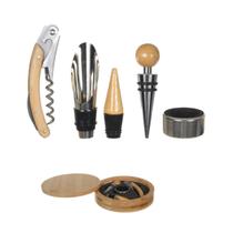 Kit Vinho 5 Peças Abridor Saca Rolha Tampa Anel Case Em Bambu