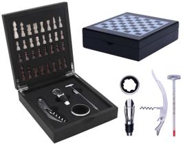 Kit Vinho Com 4 Acessórios Inox E Tabuleiro Jogo De Xadrez