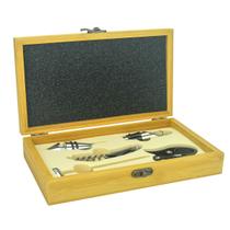 Kit Vinho com 5 Peças Em Aço Inox com Caixa de Bambu