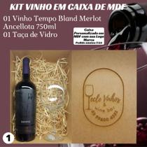 Kit Vinho Tinto Merlot Ancellota Tempo Bland 750ml em Caixa de MDF nº 01