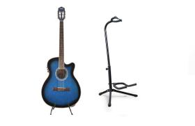 Kit violão land eletrico nylon azul suporte de chão