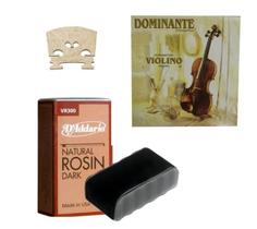 Kit violino encordoamento dominante 3/4 4/4 + breu escuro + cavalete - DOMINANTE / DADDARIO