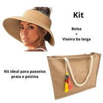 kit Viseira Feminina de Palha Dobrável Aba Larga bolsa de praia em juta de alta qualidade