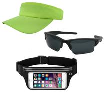 Kit Viseira Lisa Amarelo Neon Pochete Celular, Oculos De Sol