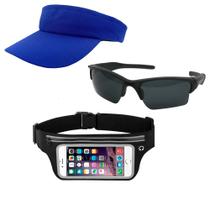 Kit Viseira Lisa Azul Royal, Pochete Celular E Oculos De Sol