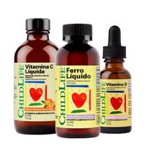 Kit Vitamina C 118ml + D3 30ml + Ferro Líquido 118ml ChildLife Essentials Suplemento Infantil