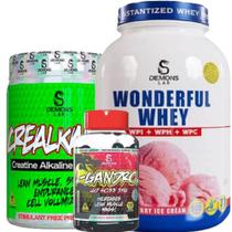 Kit vitamina wonderful whey + crealkaline 300g + ligan drol demons lab