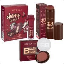 Kit Vizzela: Gloss Cherry Com Chaveiro + Blush Stick e Compacto La's Clothing Red Mocha