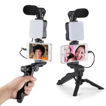 Kit Vlog para Celular com Microfone LED Tripé Controle Bluetooth Suporte Smartphone