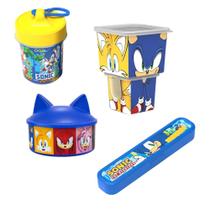 Kit Volta as Aulas 5 Peças Lancheiras Potes E Estojo Lápis Porta Escova Infantil Hello Kitty Sonic -