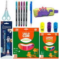 Kit Volta As Aulas Lapis De Cor + Tesoura + Estojo + Canetinha + Lapis de cor 48 cores - Leo Leo