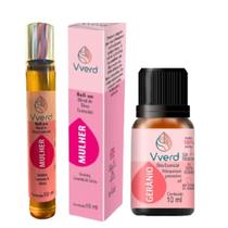 Kit Vverd Óleo Essencial de Gerânio E Rollon Mulher para Bem Estar e Equilíbrio Feminino com Aromaterapia Natural
