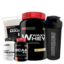 KIT - Waxy Whey 900g + Waxy Maize 800g + Power Creatina 100g + BCAA 100g + Coqueteleira - Bodybuilders