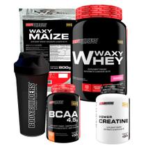 KIT - Waxy Whey 900g + Waxy Maize 800g + Power Creatina 100g + BCAA 100g + Coqueteleira - Bodybuilders