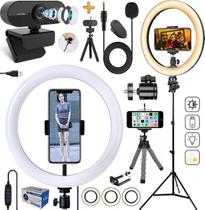 Kit Webcam Full Hd 1080p Luz Led Iluminador Microfone Gravação Vídeo Conferência Chamada Reunião Tripé Universal Celular